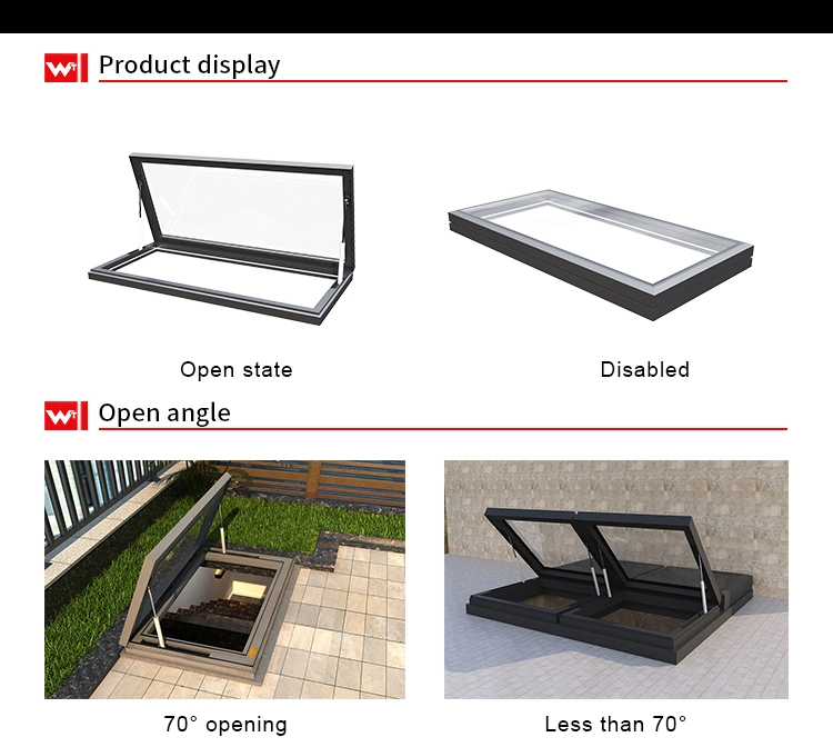 Aluminium Basement Top Hung Opening LED Light Glass Window Double Tempered Glazed German Skylight Windows